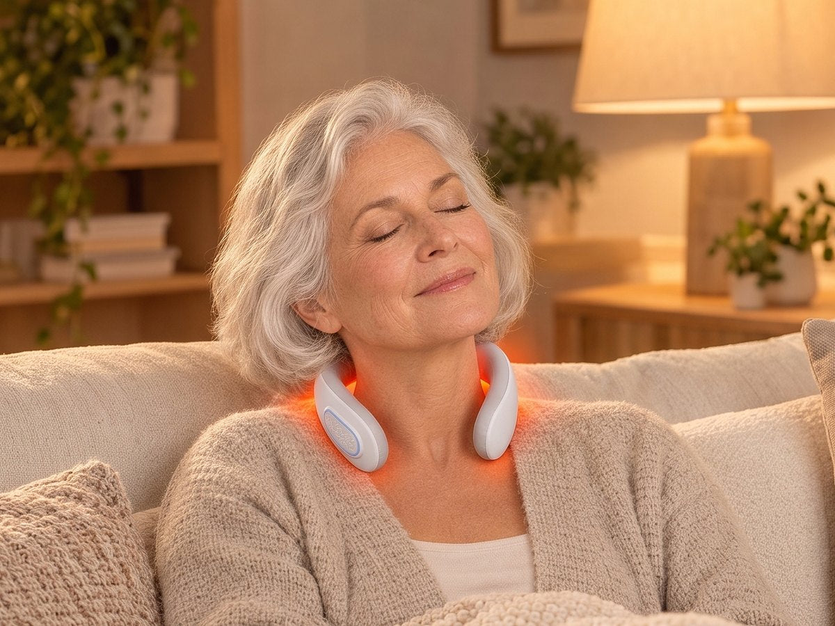 Woman relaxing on the sofa as the Dr. Nape Classic warms her neck (warmth illustrated)