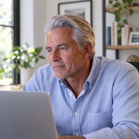 Man leaning toward his laptop at a desk