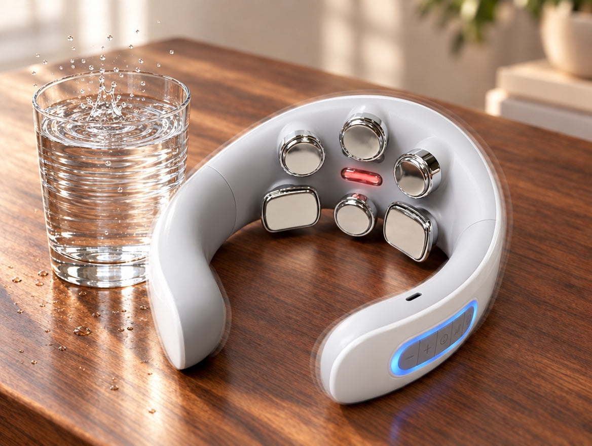 Dr. Nape Pro vibrating on a table, water rippling and splashing in a glass beside it