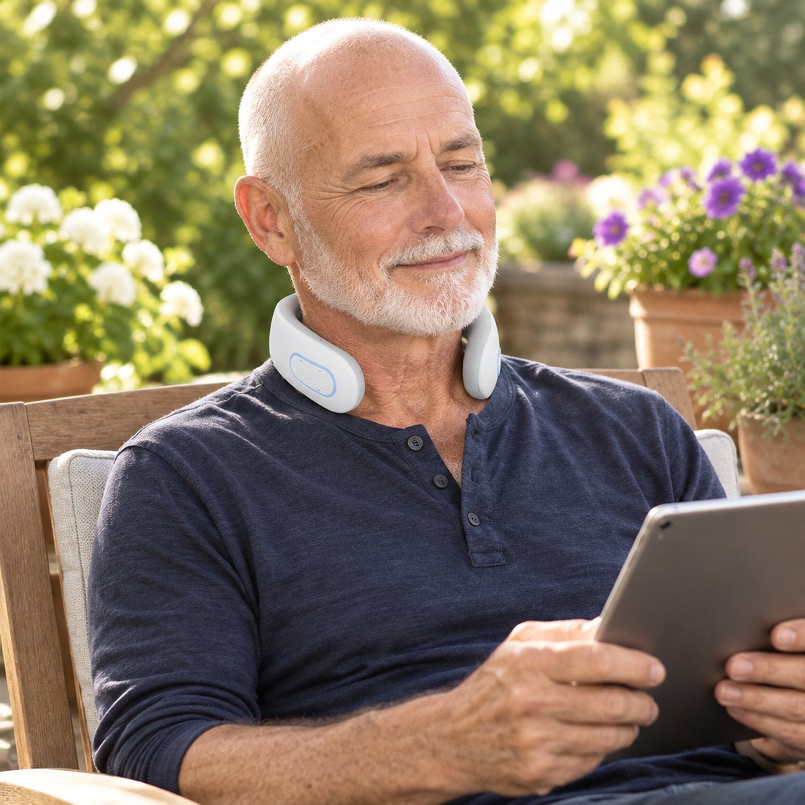 Man on the patio wearing Dr. Nape Classic