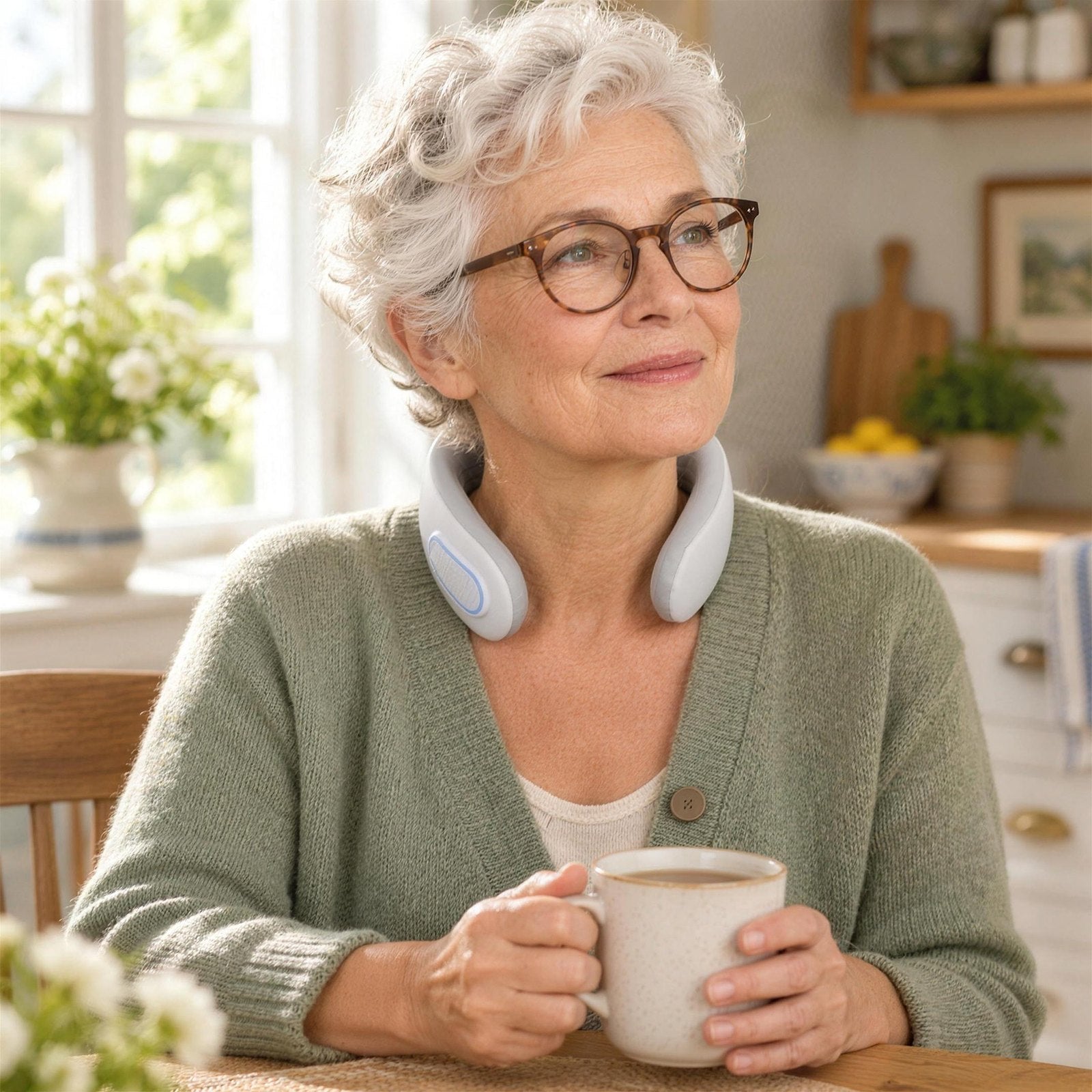 Woman with a cup of tea wearing Dr. Nape Classic