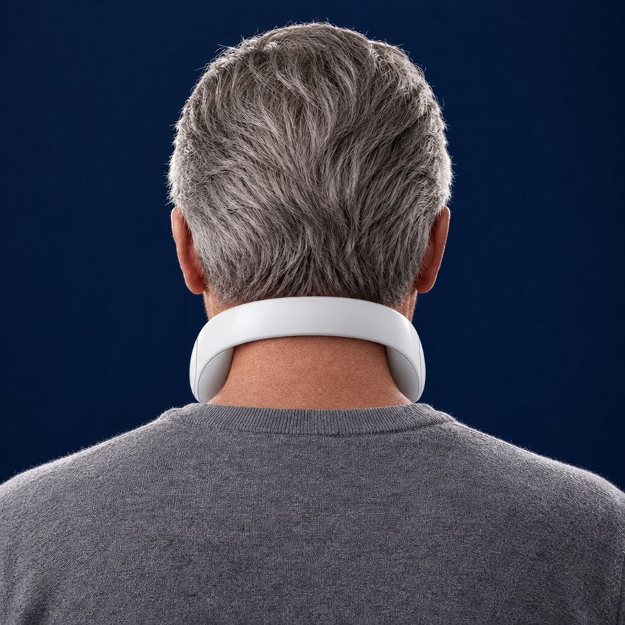 Man wearing Dr. Nape, seen from behind