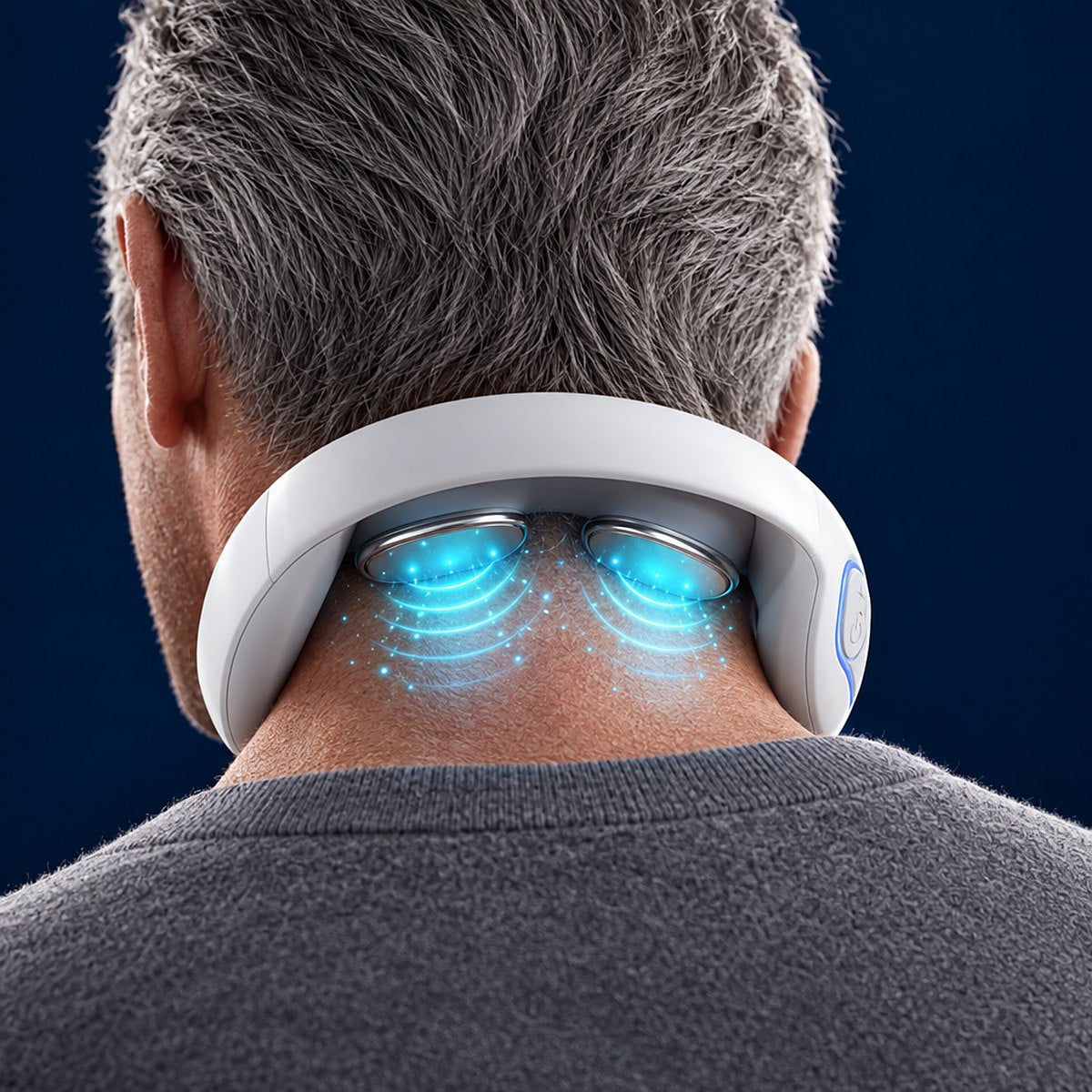 Back of the neck wearing Dr. Nape Classic, the two metal pads sending gentle pulses (illustration)