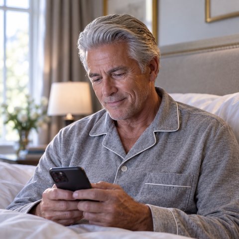 Man looking down at his phone in bed in the morning