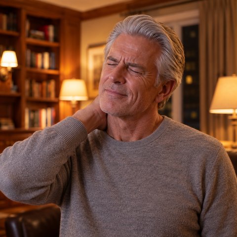 Man rubbing the back of his stiff neck in the evening