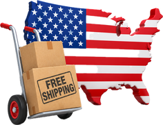 Free shipping boxes on a hand truck in front of a U.S. flag map