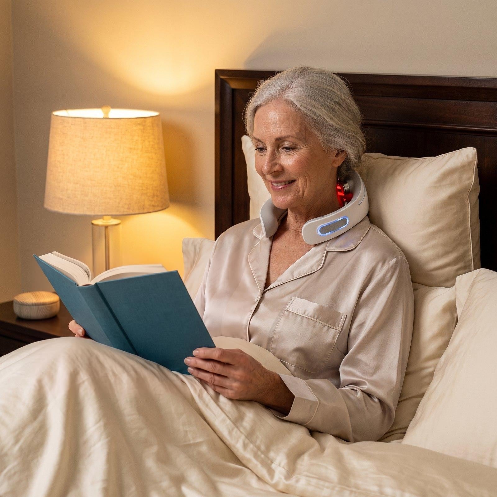 Woman reading in bed at night wearing the Dr. Nape collar