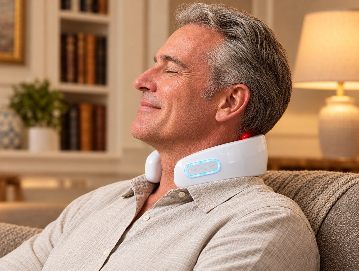 Man relaxing in an armchair with eyes closed, wearing the Dr. Nape Pro