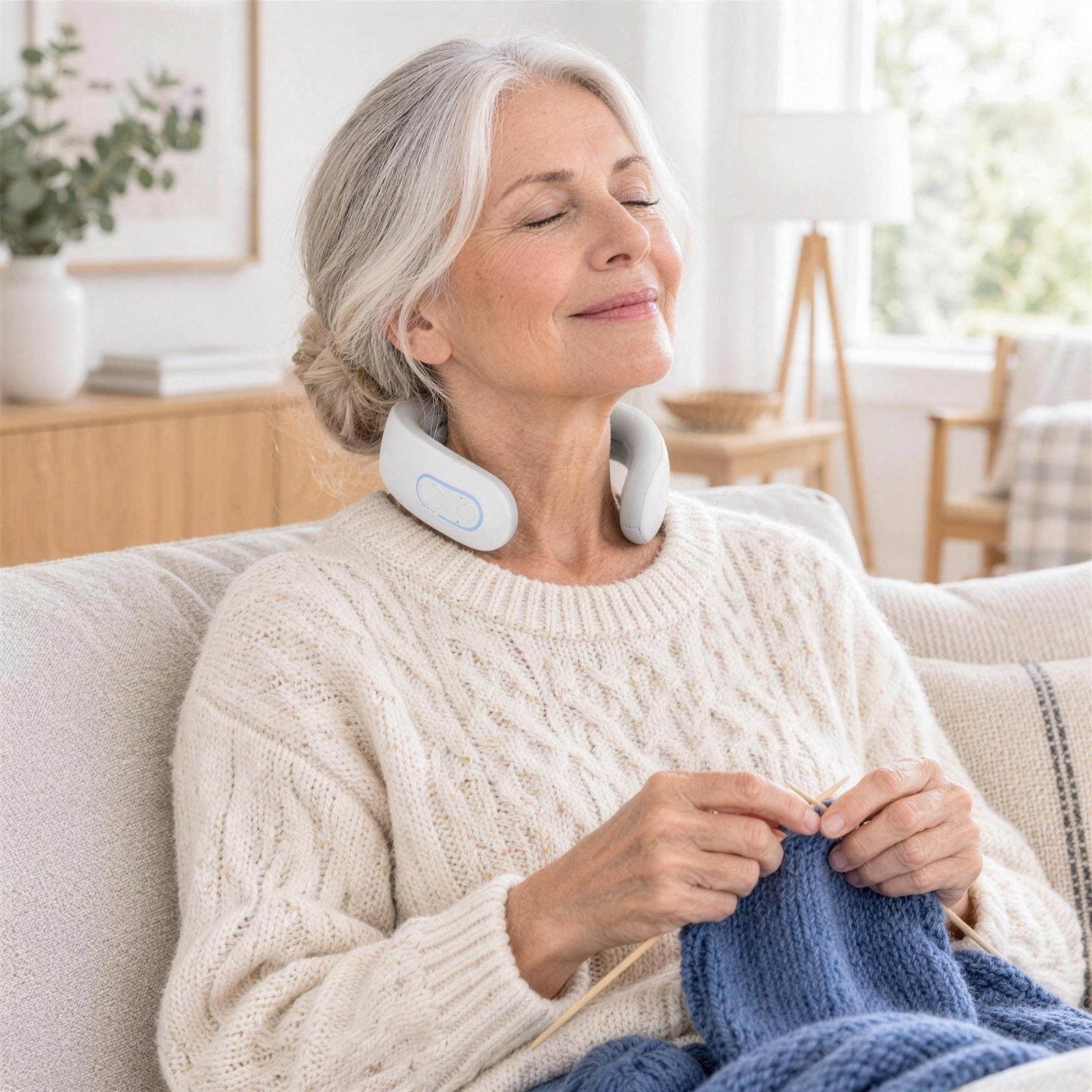 Woman relaxing on the sofa wearing Dr. Nape Classic